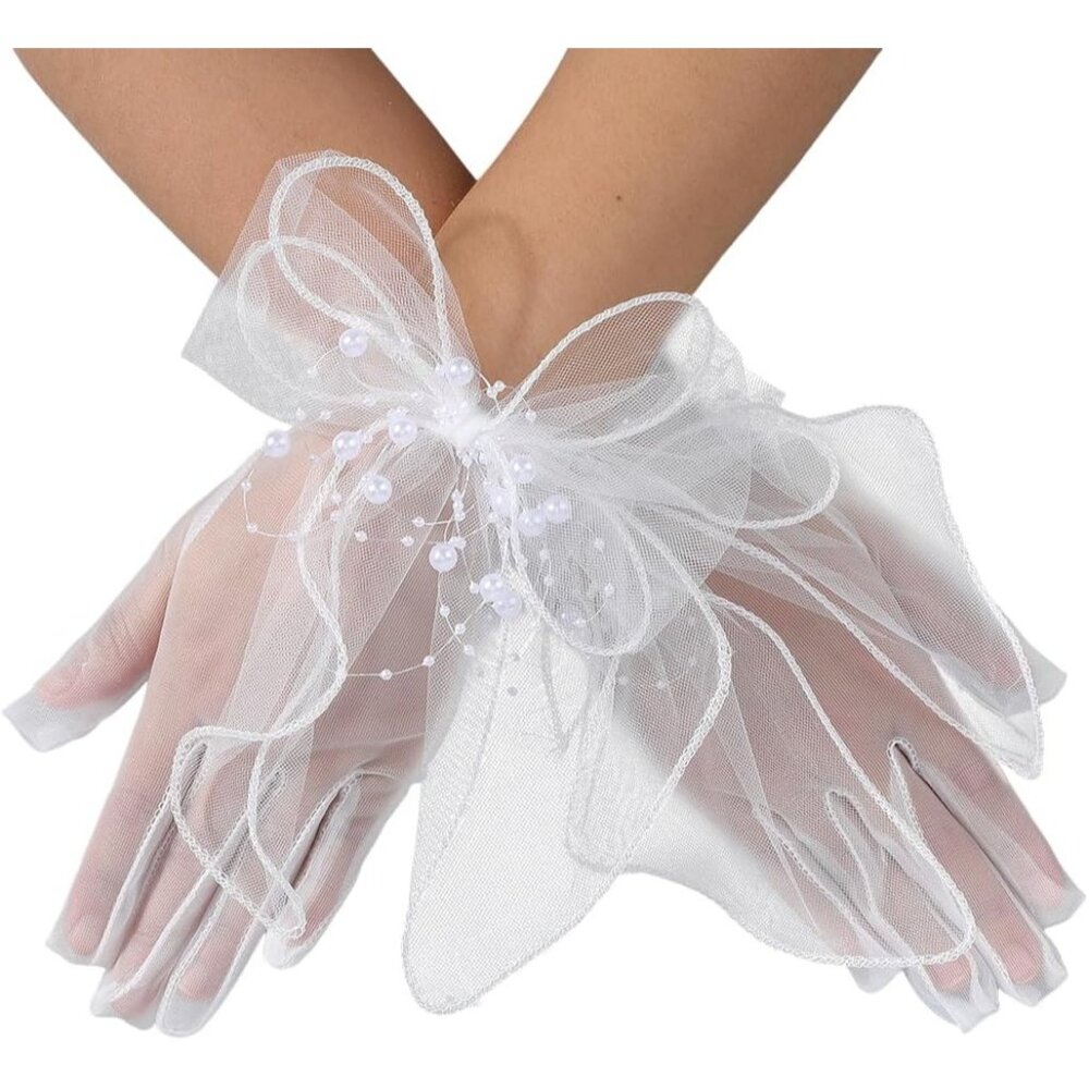Women's Vintage Embroidered White Short Lace Fabric Glove Cosplay Accessories